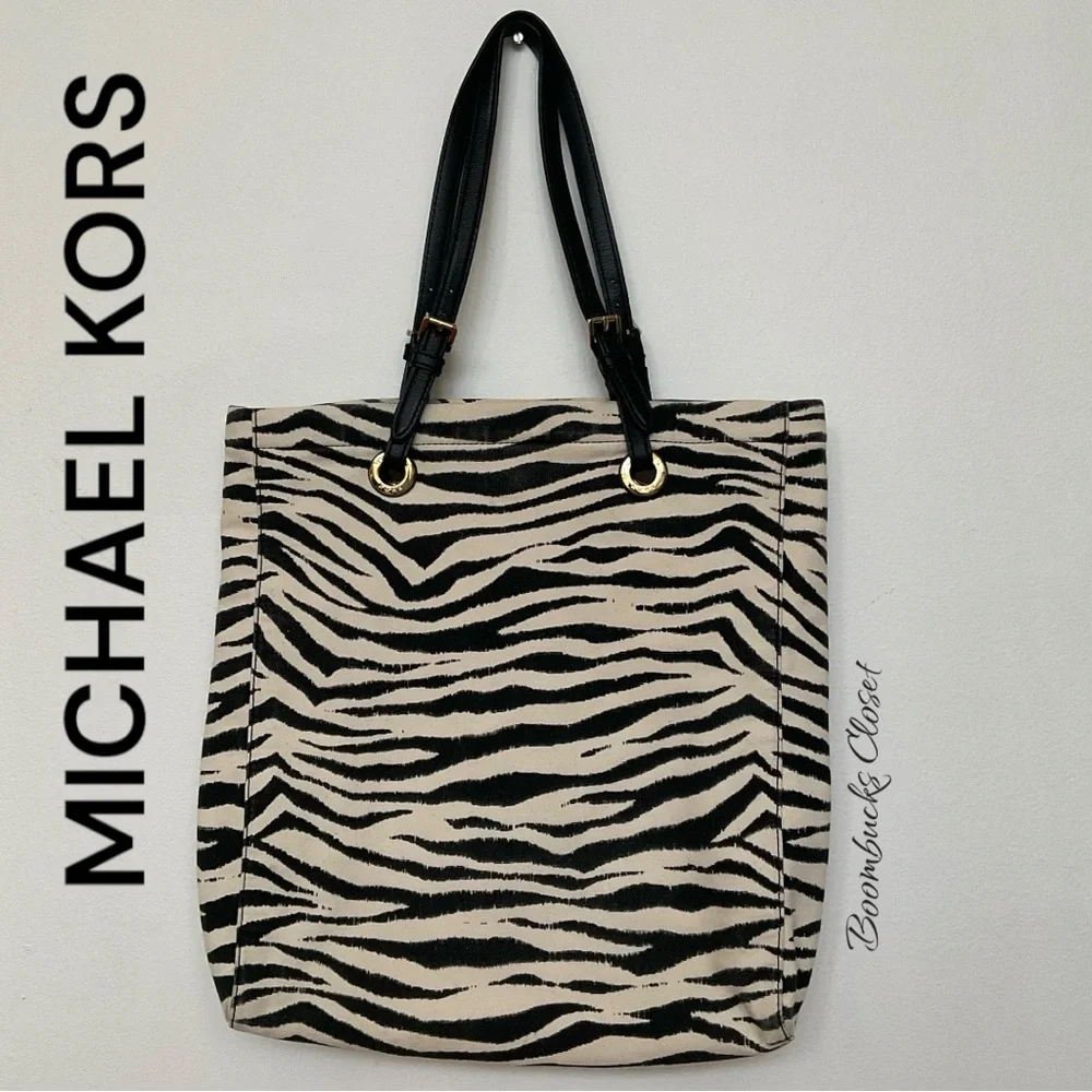 New Michael by Michael Kors Zebra print canvas tote black and white